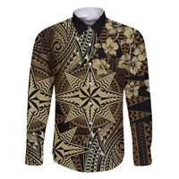 Vintage Tonga Tribal Ngatu Pattern Family Matching Off The Shoulder Long Sleeve Dress and Hawaiian Shirt With Pacific Floral Brown Art LT9 Dad's Shirt - Long Sleeve Brown - Polynesian Pride