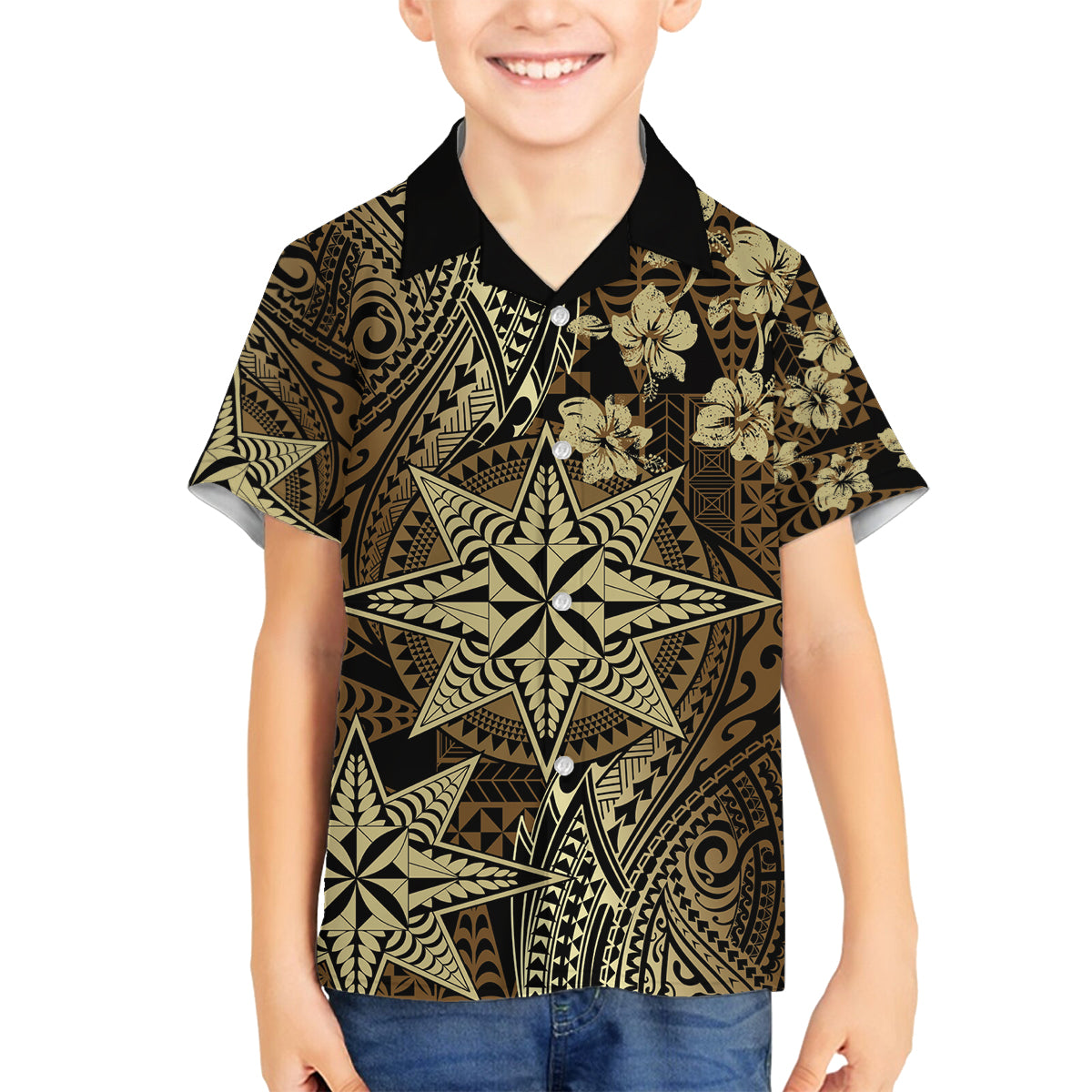 Vintage Tonga Tribal Ngatu Pattern Family Matching Off The Shoulder Long Sleeve Dress and Hawaiian Shirt With Pacific Floral Brown Art LT9 Son's Shirt Brown - Polynesian Pride