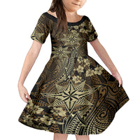 Vintage Tonga Tribal Ngatu Pattern Family Matching Off Shoulder Maxi Dress and Hawaiian Shirt With Pacific Floral Brown Art LT9 Daughter's Dress Brown - Polynesian Pride