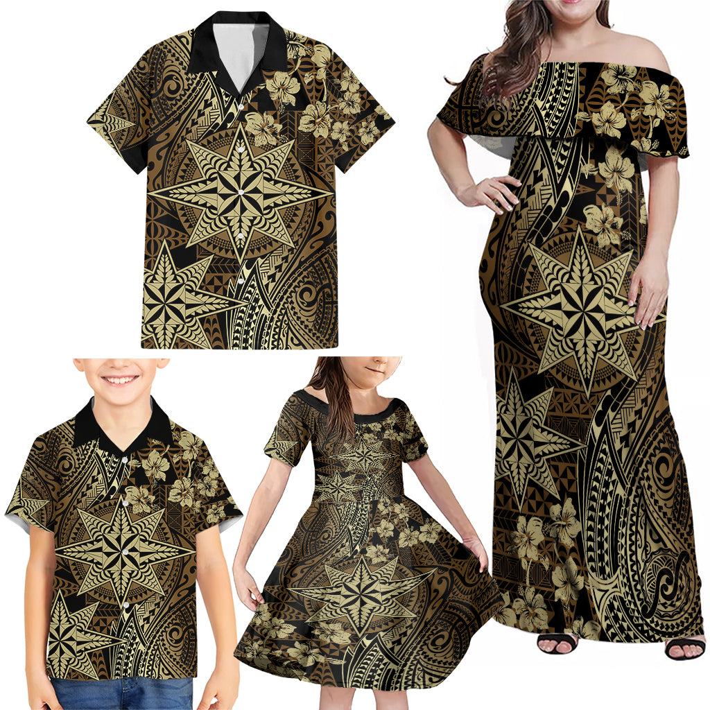 Vintage Tonga Tribal Ngatu Pattern Family Matching Off Shoulder Maxi Dress and Hawaiian Shirt With Pacific Floral Brown Art LT9 - Polynesian Pride