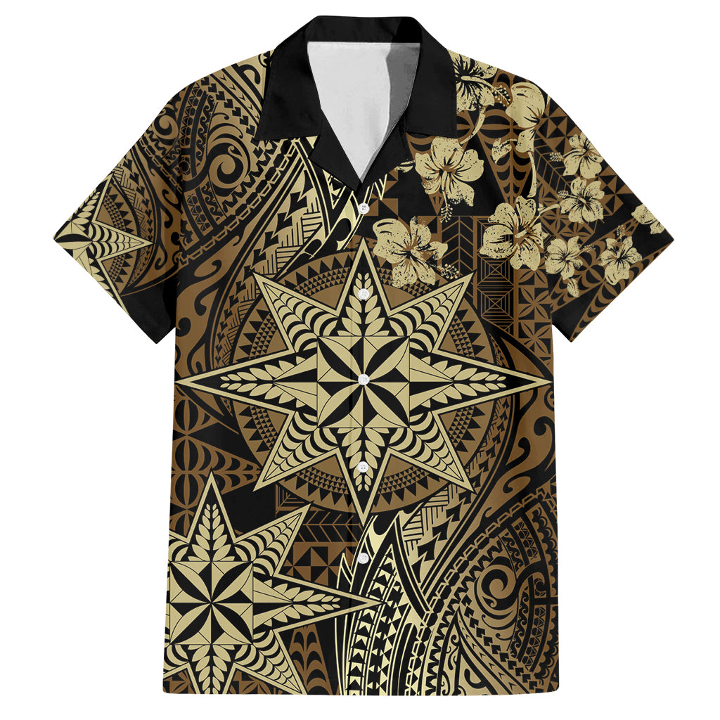 Vintage Tonga Tribal Ngatu Pattern Family Matching Off Shoulder Maxi Dress and Hawaiian Shirt With Pacific Floral Brown Art LT9 Dad's Shirt - Short Sleeve Brown - Polynesian Pride