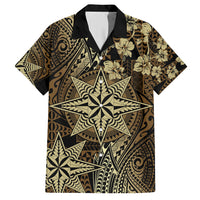 Vintage Tonga Tribal Ngatu Pattern Family Matching Off Shoulder Maxi Dress and Hawaiian Shirt With Pacific Floral Brown Art LT9 Dad's Shirt - Short Sleeve Brown - Polynesian Pride