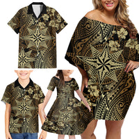 Vintage Tonga Tribal Ngatu Pattern Family Matching Off Shoulder Short Dress and Hawaiian Shirt With Pacific Floral Brown Art LT9 - Polynesian Pride