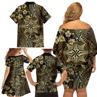 Vintage Tonga Tribal Ngatu Pattern Family Matching Off Shoulder Short Dress and Hawaiian Shirt With Pacific Floral Brown Art LT9 - Polynesian Pride