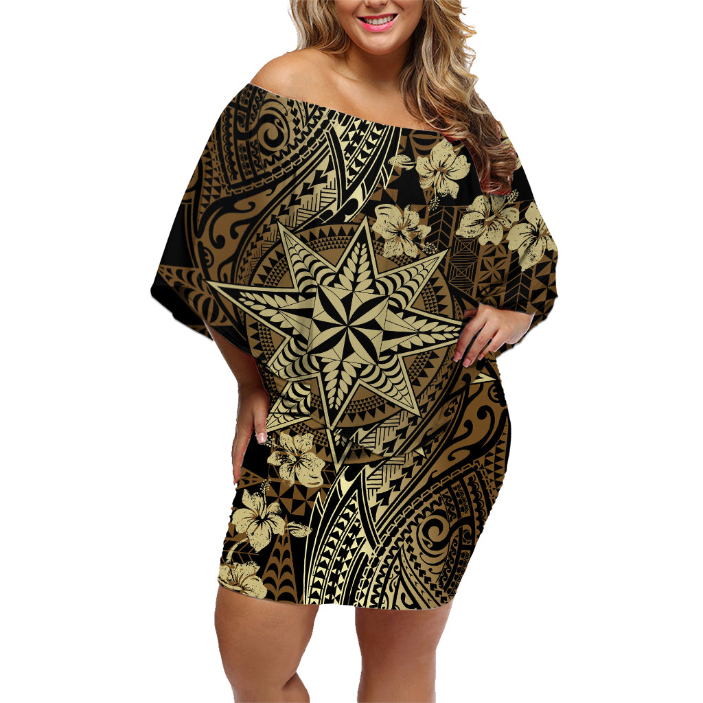 Vintage Tonga Tribal Ngatu Pattern Family Matching Off Shoulder Short Dress and Hawaiian Shirt With Pacific Floral Brown Art LT9 Mom's Dress Brown - Polynesian Pride