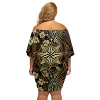 Vintage Tonga Tribal Ngatu Pattern Family Matching Off Shoulder Short Dress and Hawaiian Shirt With Pacific Floral Brown Art LT9 - Polynesian Pride