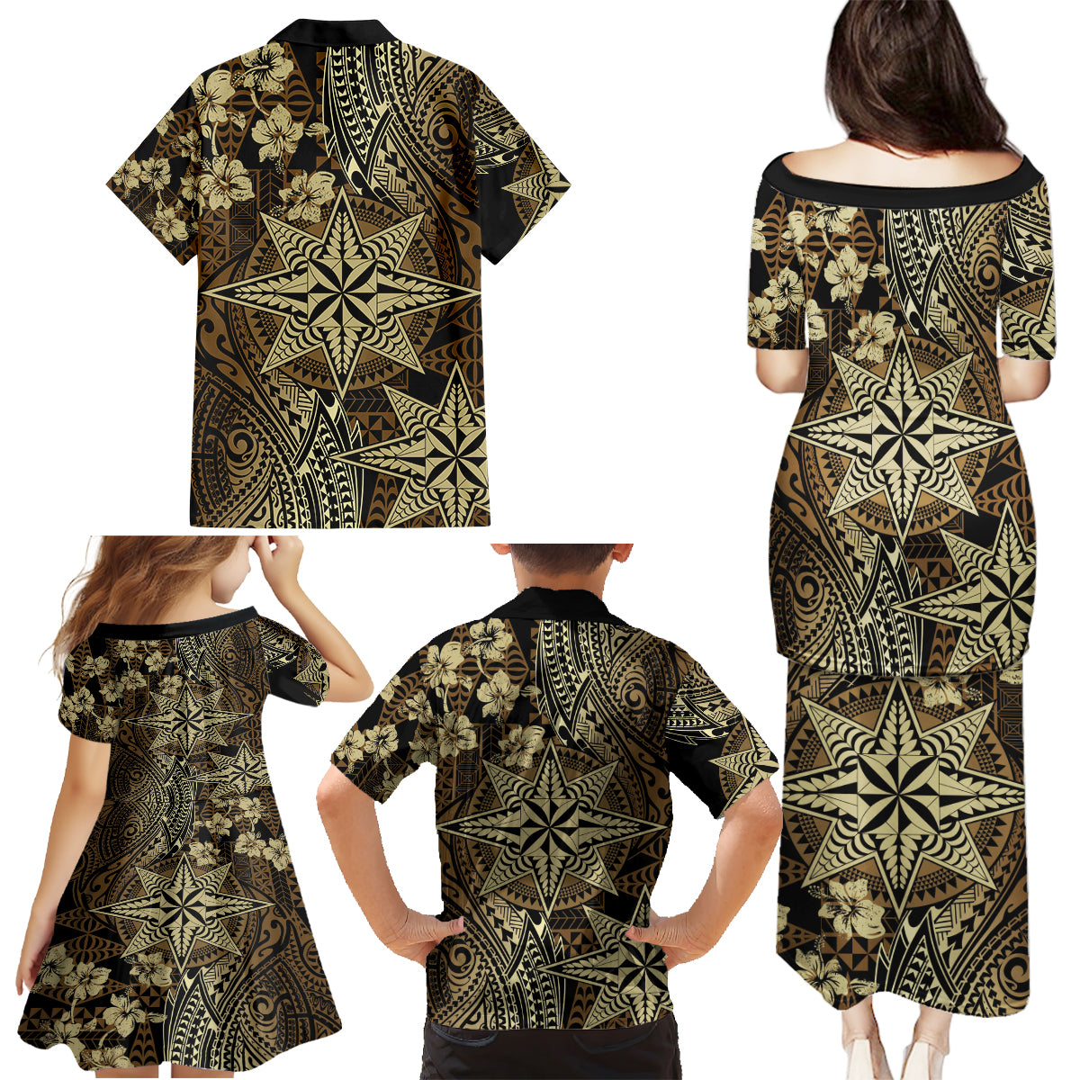 Vintage Tonga Tribal Ngatu Pattern Family Matching Puletasi and Hawaiian Shirt With Pacific Floral Brown Art LT9 - Polynesian Pride
