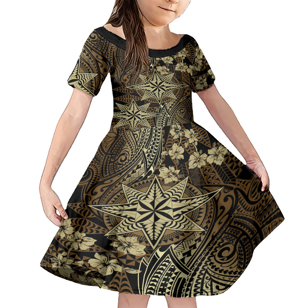 Vintage Tonga Tribal Ngatu Pattern Family Matching Short Sleeve Bodycon Dress and Hawaiian Shirt With Pacific Floral Brown Art LT9 Daughter's Dress Brown - Polynesian Pride