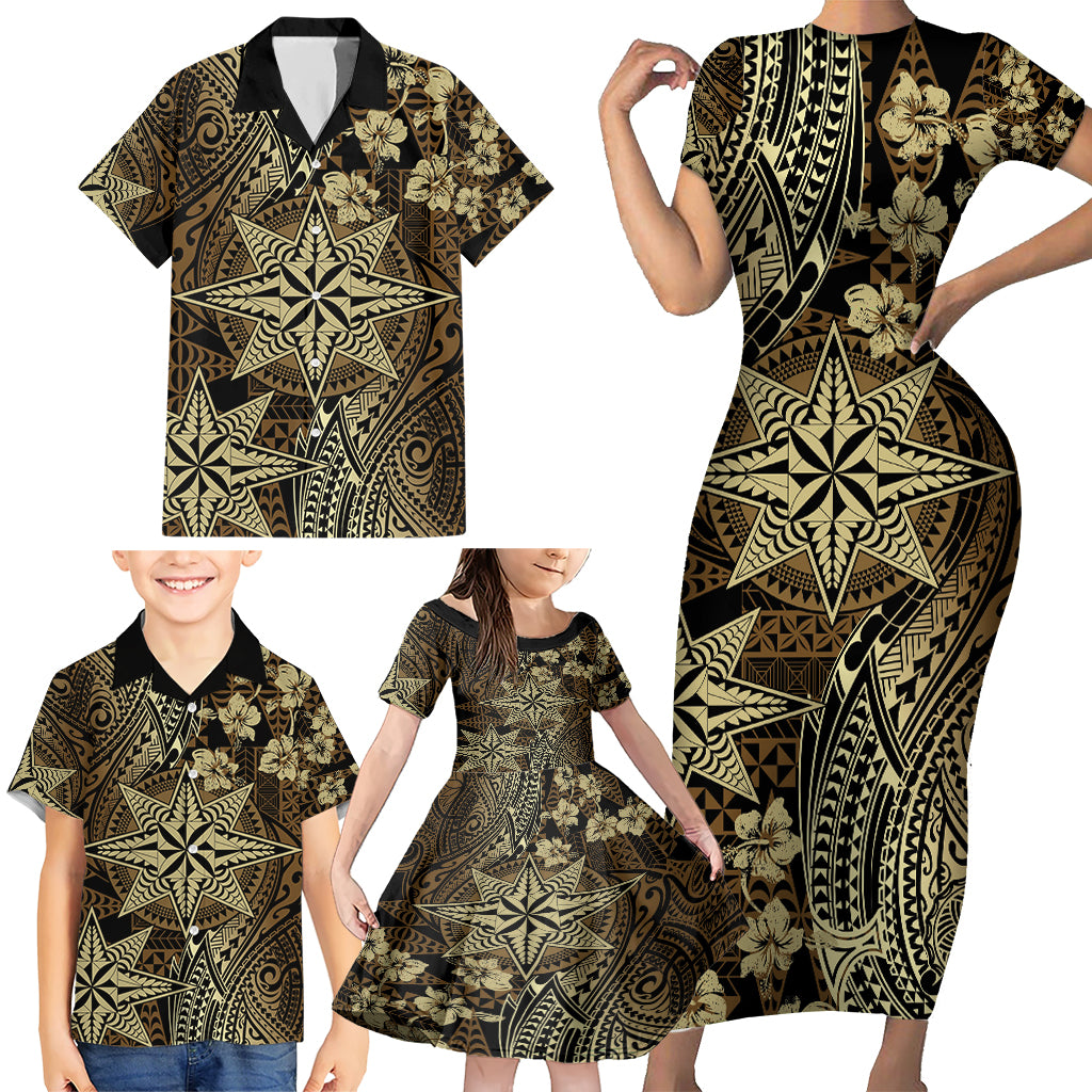 Vintage Tonga Tribal Ngatu Pattern Family Matching Short Sleeve Bodycon Dress and Hawaiian Shirt With Pacific Floral Brown Art LT9 - Polynesian Pride