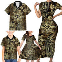 Vintage Tonga Tribal Ngatu Pattern Family Matching Short Sleeve Bodycon Dress and Hawaiian Shirt With Pacific Floral Brown Art LT9 - Polynesian Pride