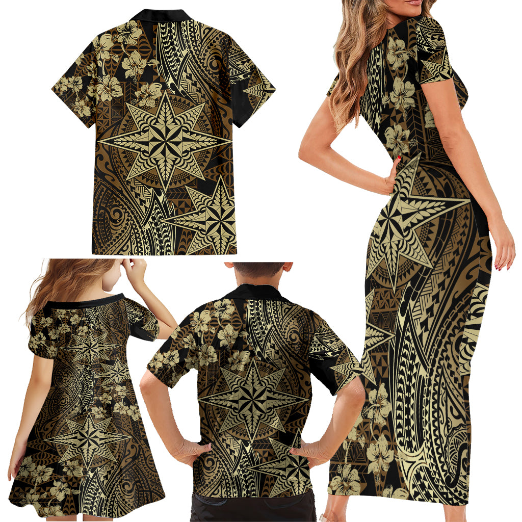 Vintage Tonga Tribal Ngatu Pattern Family Matching Short Sleeve Bodycon Dress and Hawaiian Shirt With Pacific Floral Brown Art LT9 - Polynesian Pride