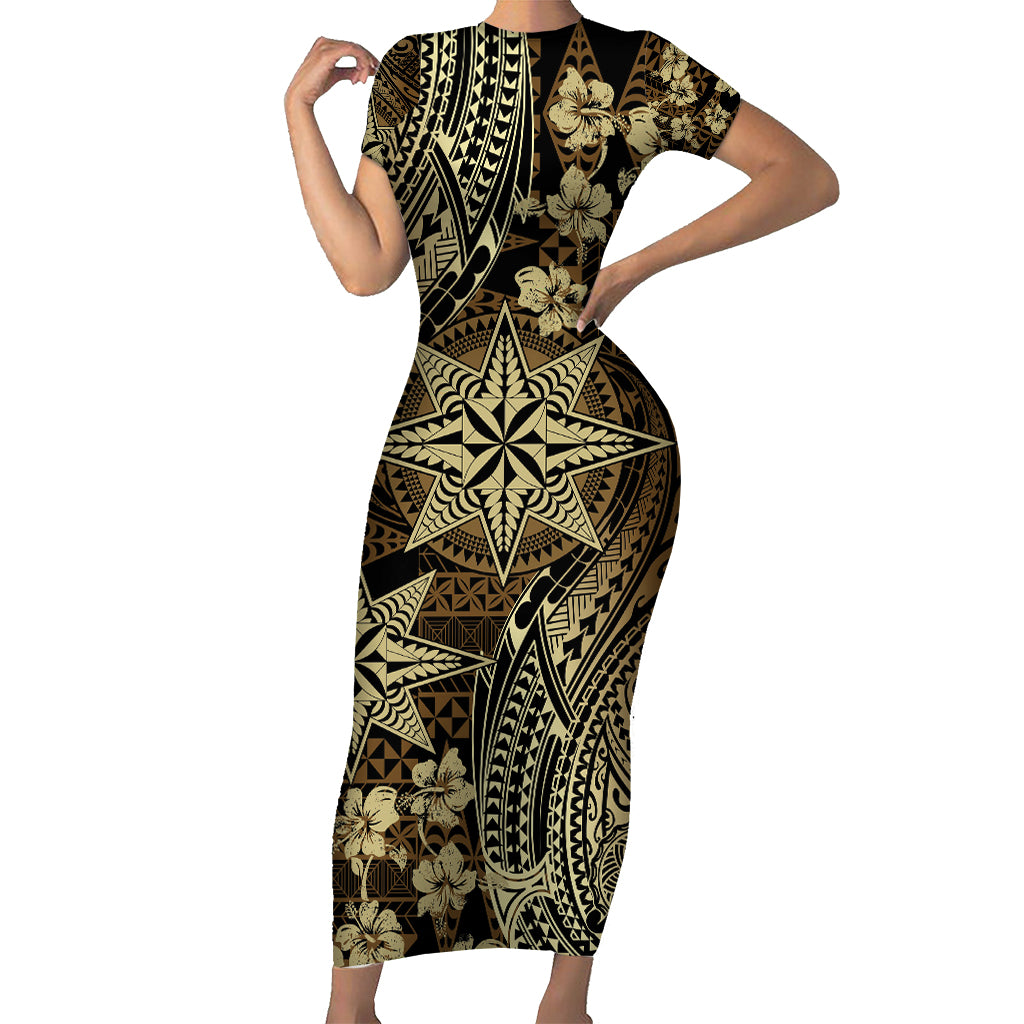 Vintage Tonga Tribal Ngatu Pattern Family Matching Short Sleeve Bodycon Dress and Hawaiian Shirt With Pacific Floral Brown Art LT9 Mom's Dress Brown - Polynesian Pride