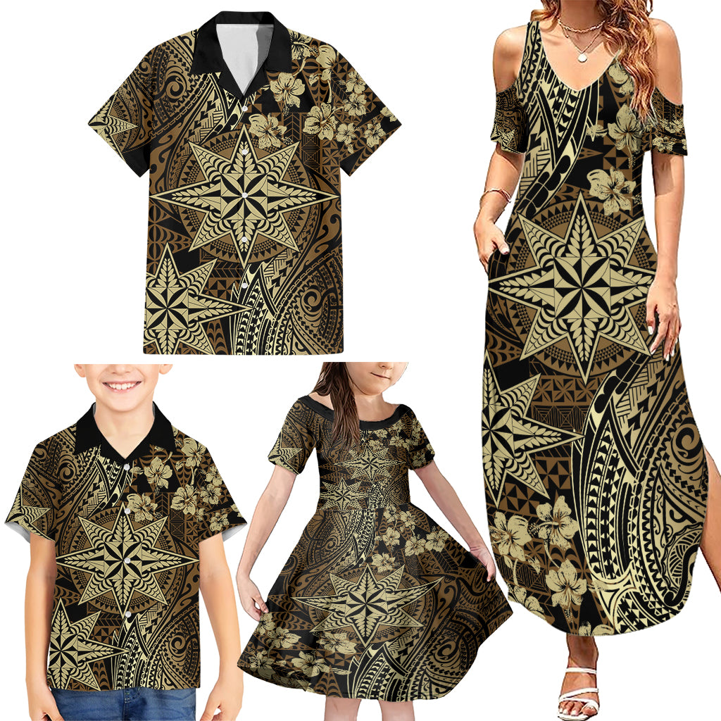 Vintage Tonga Tribal Ngatu Pattern Family Matching Summer Maxi Dress and Hawaiian Shirt With Pacific Floral Brown Art LT9 - Polynesian Pride