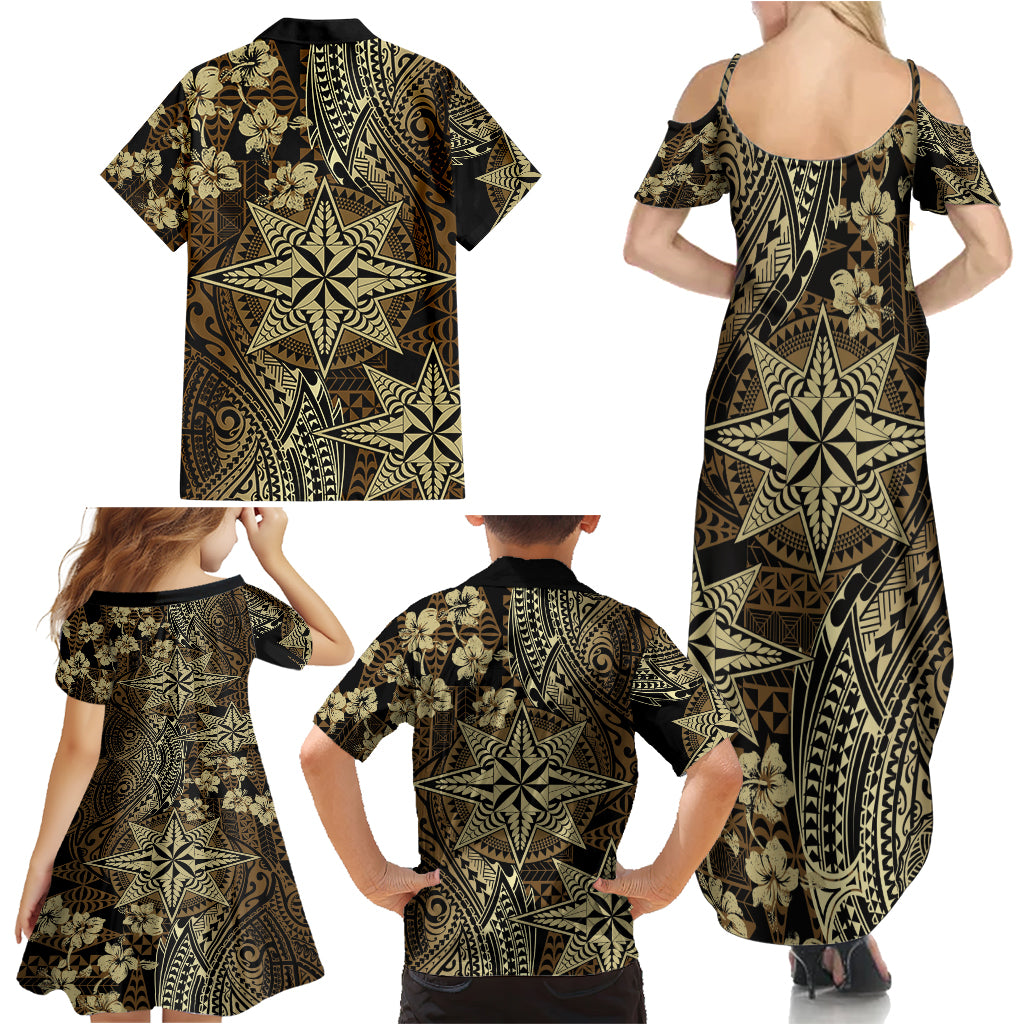 Vintage Tonga Tribal Ngatu Pattern Family Matching Summer Maxi Dress and Hawaiian Shirt With Pacific Floral Brown Art LT9 - Polynesian Pride
