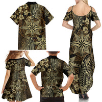 Vintage Tonga Tribal Ngatu Pattern Family Matching Summer Maxi Dress and Hawaiian Shirt With Pacific Floral Brown Art LT9 - Polynesian Pride