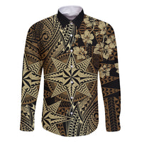 Vintage Tonga Tribal Ngatu Pattern Family Matching Summer Maxi Dress and Hawaiian Shirt With Pacific Floral Brown Art LT9 Dad's Shirt - Long Sleeve Brown - Polynesian Pride