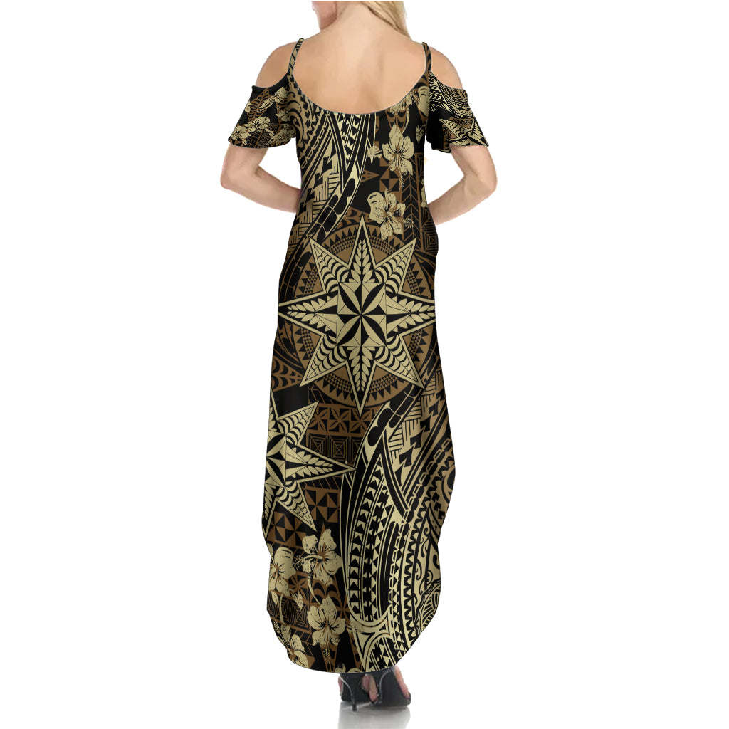 Vintage Tonga Tribal Ngatu Pattern Family Matching Summer Maxi Dress and Hawaiian Shirt With Pacific Floral Brown Art LT9 - Polynesian Pride