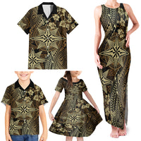Vintage Tonga Tribal Ngatu Pattern Family Matching Tank Maxi Dress and Hawaiian Shirt With Pacific Floral Brown Art LT9 - Polynesian Pride