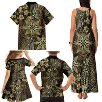 Vintage Tonga Tribal Ngatu Pattern Family Matching Tank Maxi Dress and Hawaiian Shirt With Pacific Floral Brown Art LT9 - Polynesian Pride