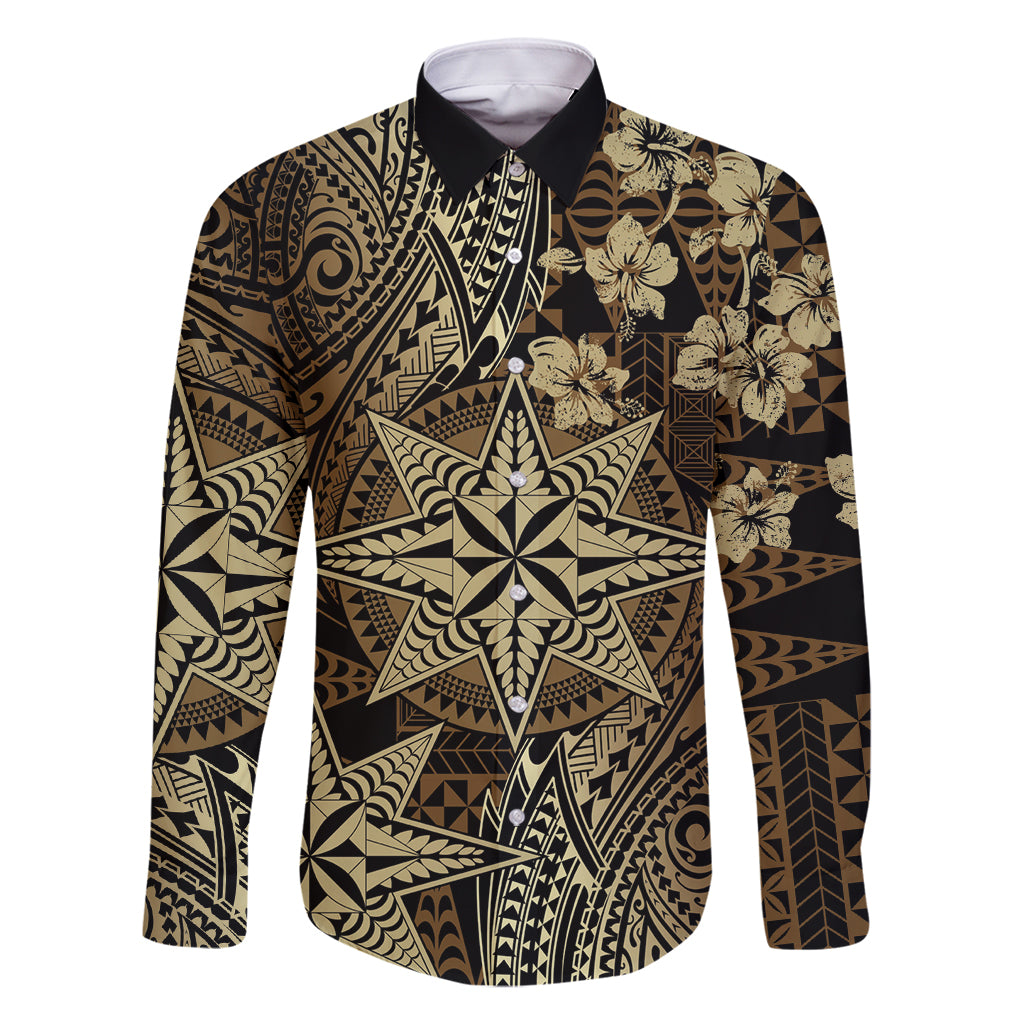 Vintage Tonga Tribal Ngatu Pattern Family Matching Tank Maxi Dress and Hawaiian Shirt With Pacific Floral Brown Art LT9 Dad's Shirt - Long Sleeve Brown - Polynesian Pride