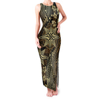 Vintage Tonga Tribal Ngatu Pattern Family Matching Tank Maxi Dress and Hawaiian Shirt With Pacific Floral Brown Art LT9 Mom's Dress Brown - Polynesian Pride