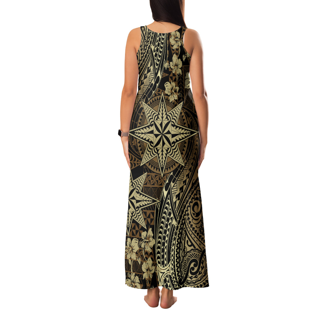 Vintage Tonga Tribal Ngatu Pattern Family Matching Tank Maxi Dress and Hawaiian Shirt With Pacific Floral Brown Art LT9 - Polynesian Pride