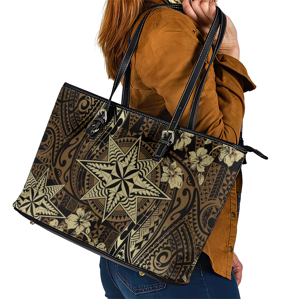 Vintage Tonga Tribal Ngatu Pattern Leather Tote Bag With Pacific Floral Brown Art