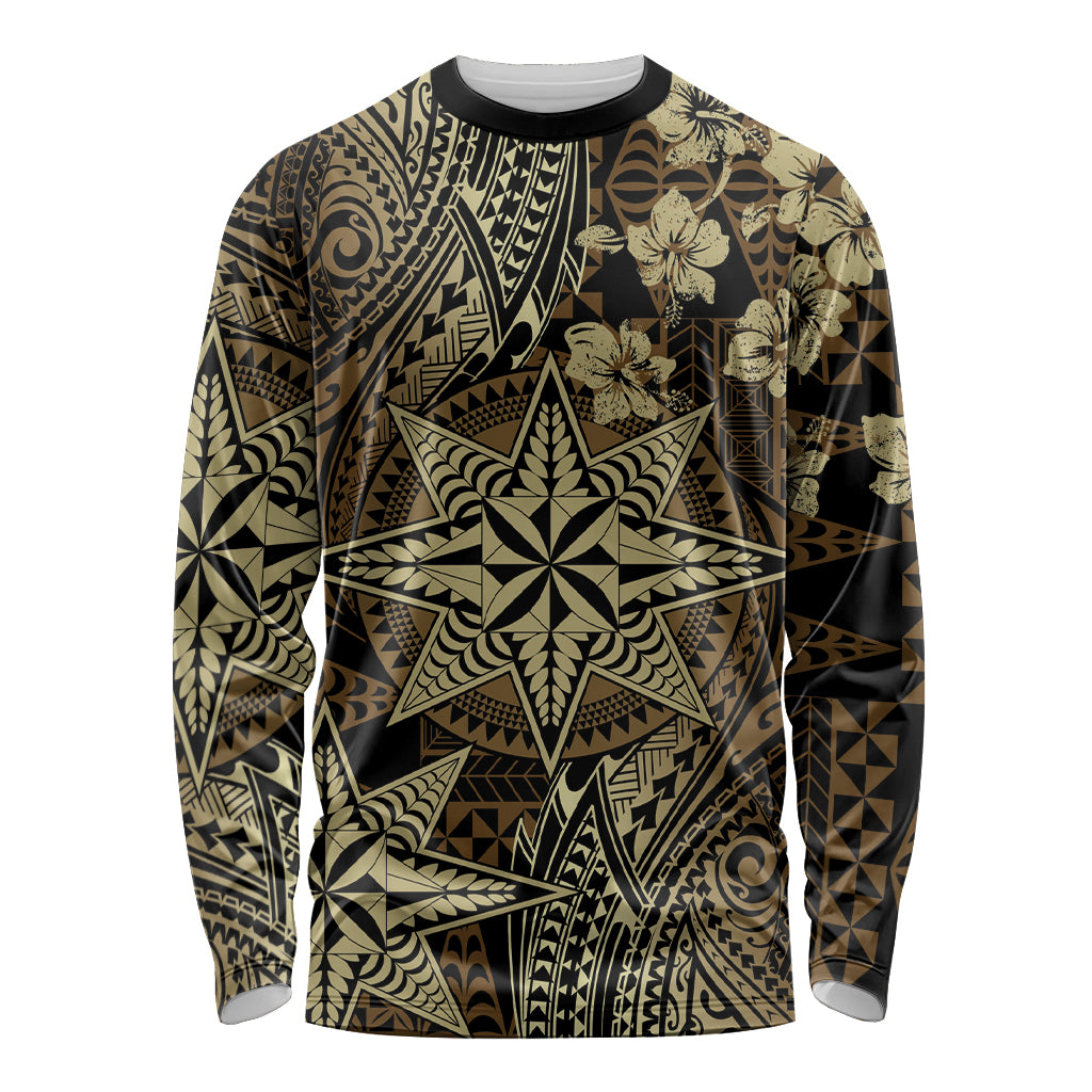 Vintage Tonga Tribal Ngatu Pattern Long Sleeve Shirt With Pacific Floral Brown Art LT9 Unisex Brown - Polynesian Pride