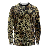 Vintage Tonga Tribal Ngatu Pattern Long Sleeve Shirt With Pacific Floral Brown Art LT9 Unisex Brown - Polynesian Pride