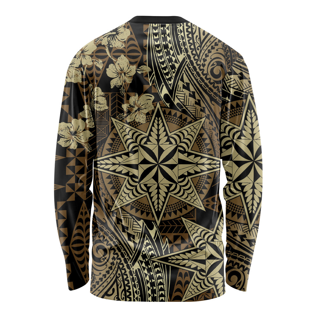 Vintage Tonga Tribal Ngatu Pattern Long Sleeve Shirt With Pacific Floral Brown Art LT9 - Polynesian Pride