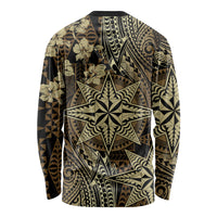 Vintage Tonga Tribal Ngatu Pattern Long Sleeve Shirt With Pacific Floral Brown Art LT9 - Polynesian Pride