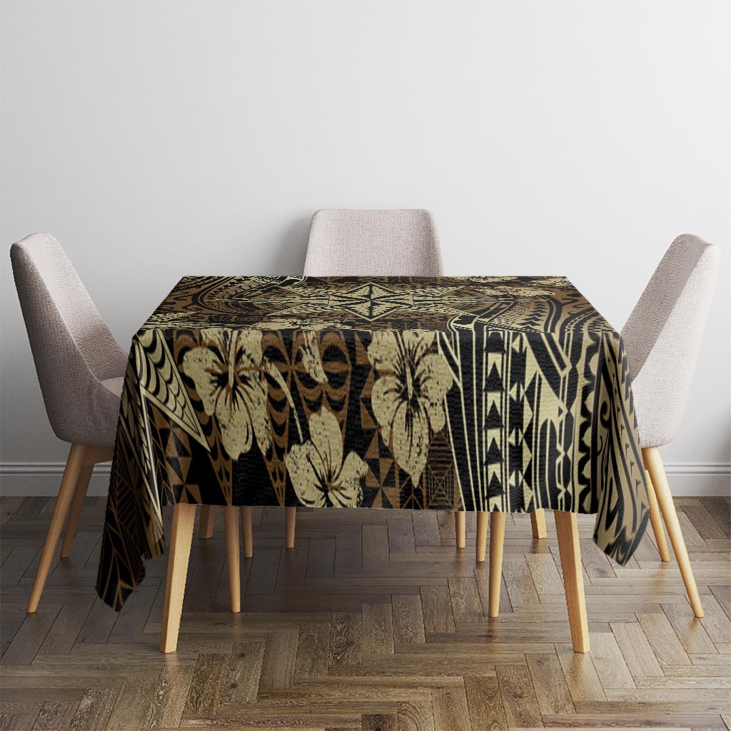Vintage Tonga Tribal Ngatu Pattern Tablecloth With Pacific Floral Brown Art