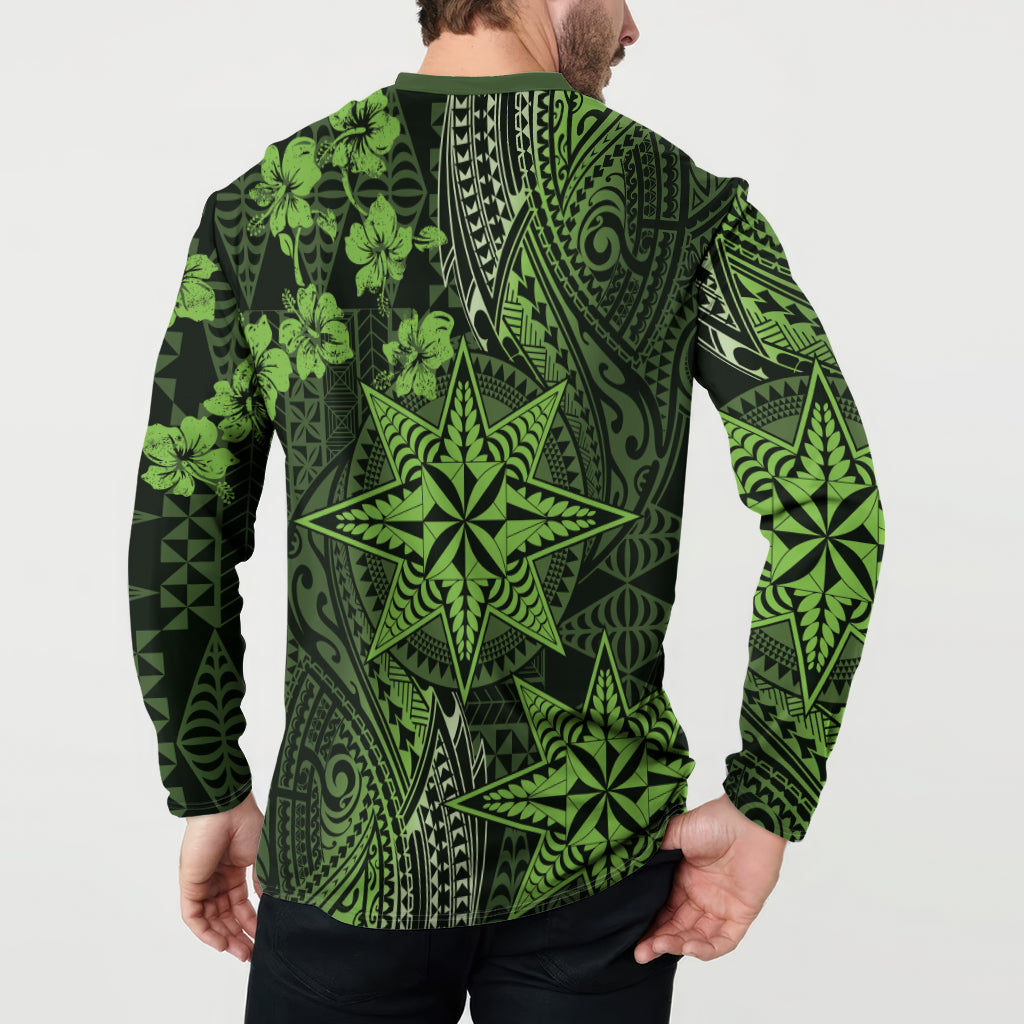 Vintage Tonga Tribal Ngatu Pattern Button Sweatshirt With Pacific Floral Lime Green Art