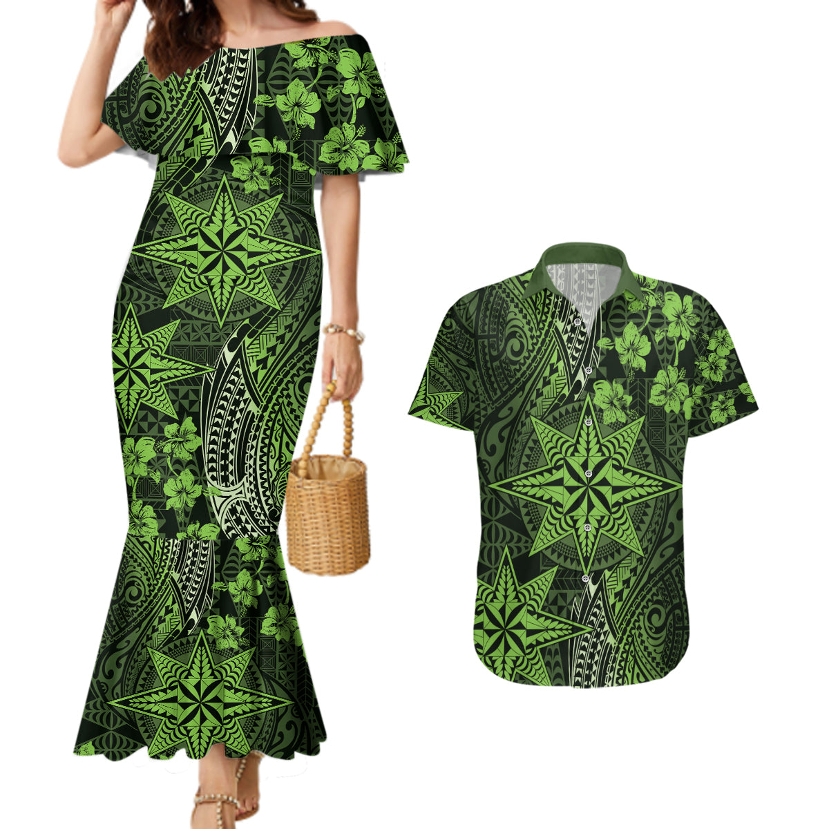 Vintage Tonga Tribal Ngatu Pattern Couples Matching Mermaid Dress and Hawaiian Shirt With Pacific Floral Lime Green Art LT9 Lime Green - Polynesian Pride