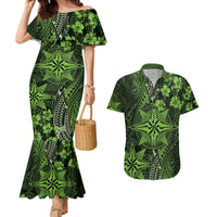 Vintage Tonga Tribal Ngatu Pattern Couples Matching Mermaid Dress and Hawaiian Shirt With Pacific Floral Lime Green Art LT9 Lime Green - Polynesian Pride