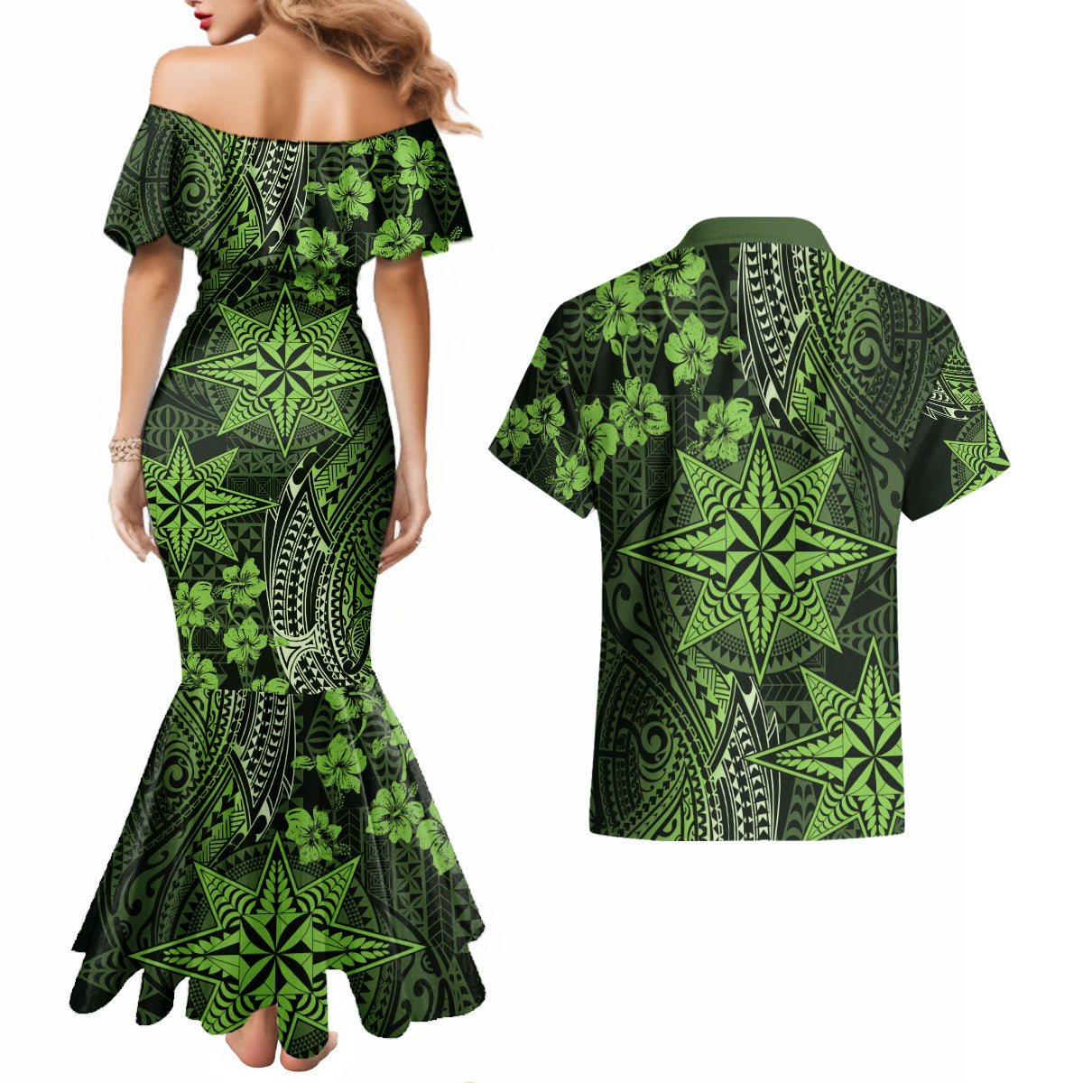 Vintage Tonga Tribal Ngatu Pattern Couples Matching Mermaid Dress and Hawaiian Shirt With Pacific Floral Lime Green Art LT9 - Polynesian Pride
