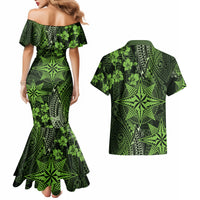 Vintage Tonga Tribal Ngatu Pattern Couples Matching Mermaid Dress and Hawaiian Shirt With Pacific Floral Lime Green Art LT9 - Polynesian Pride