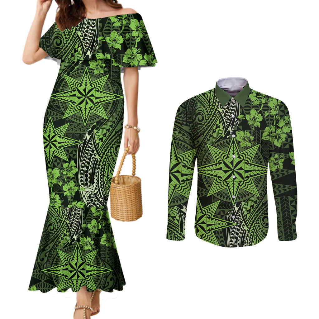 Vintage Tonga Tribal Ngatu Pattern Couples Matching Mermaid Dress and Long Sleeve Button Shirt With Pacific Floral Lime Green Art LT9 Lime Green - Polynesian Pride