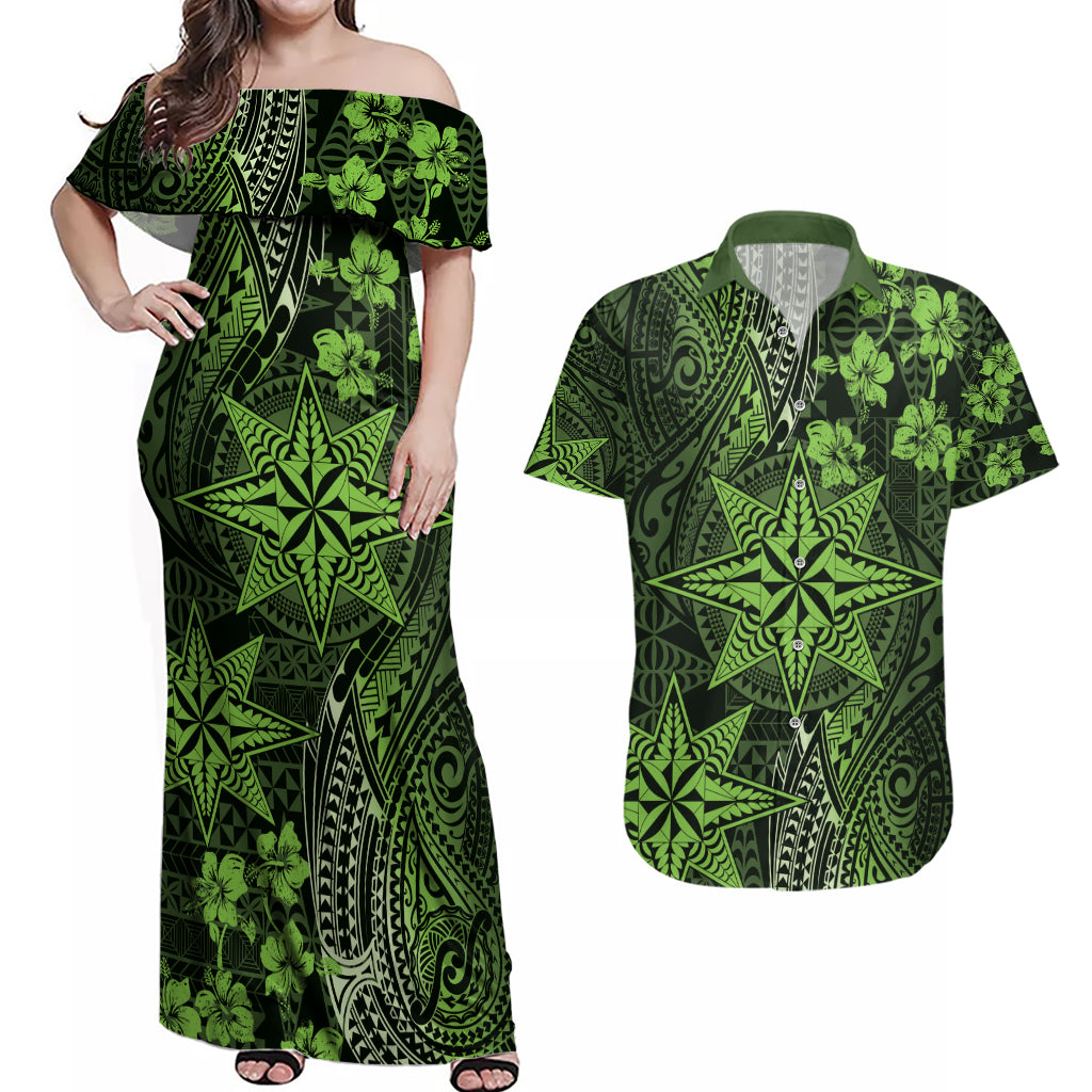 Vintage Tonga Tribal Ngatu Pattern Couples Matching Off Shoulder Maxi Dress and Hawaiian Shirt With Pacific Floral Lime Green Art LT9 Lime Green - Polynesian Pride