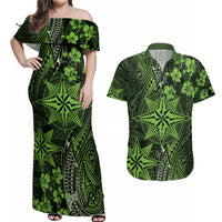 Vintage Tonga Tribal Ngatu Pattern Couples Matching Off Shoulder Maxi Dress and Hawaiian Shirt With Pacific Floral Lime Green Art LT9 Lime Green - Polynesian Pride