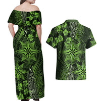 Vintage Tonga Tribal Ngatu Pattern Couples Matching Off Shoulder Maxi Dress and Hawaiian Shirt With Pacific Floral Lime Green Art LT9 - Polynesian Pride