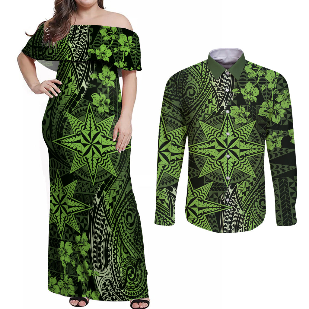 Vintage Tonga Tribal Ngatu Pattern Couples Matching Off Shoulder Maxi Dress and Long Sleeve Button Shirt With Pacific Floral Lime Green Art LT9 Lime Green - Polynesian Pride