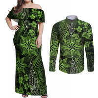 Vintage Tonga Tribal Ngatu Pattern Couples Matching Off Shoulder Maxi Dress and Long Sleeve Button Shirt With Pacific Floral Lime Green Art LT9 Lime Green - Polynesian Pride