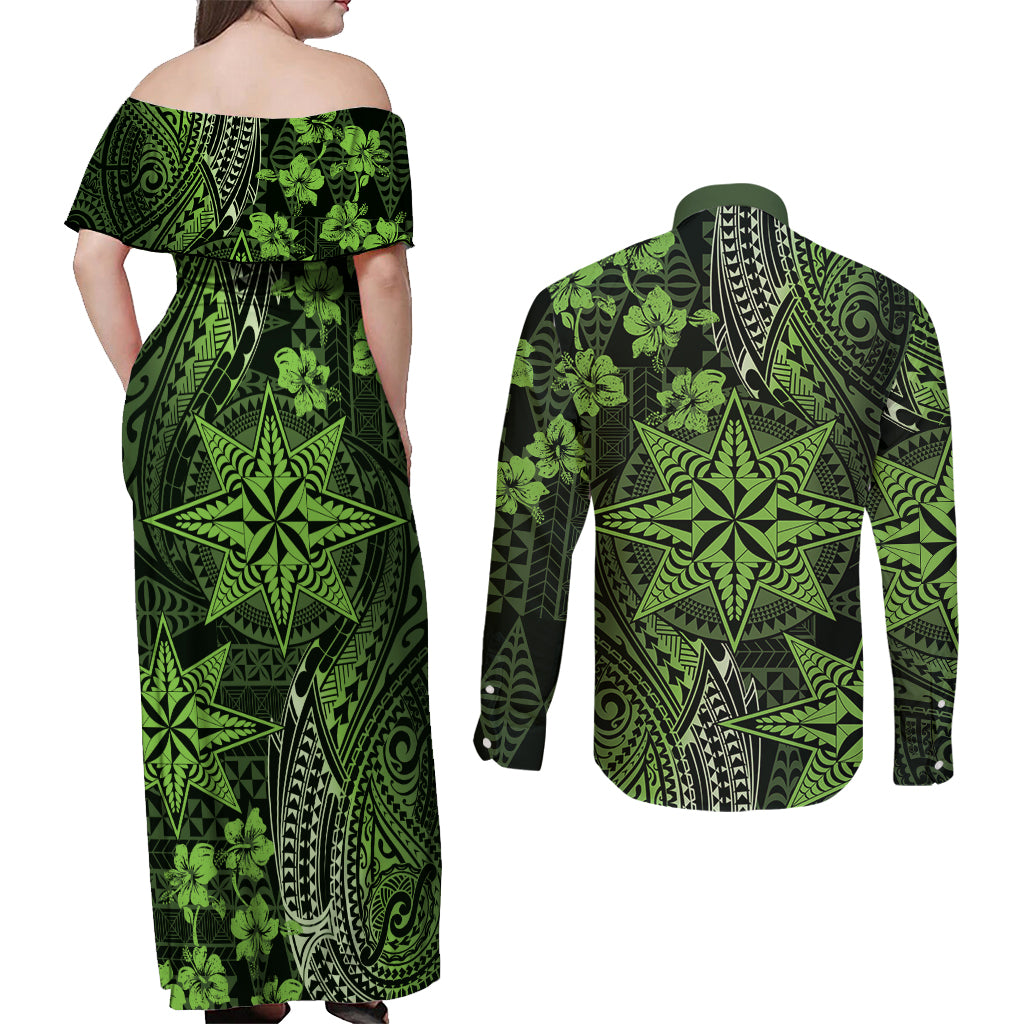 Vintage Tonga Tribal Ngatu Pattern Couples Matching Off Shoulder Maxi Dress and Long Sleeve Button Shirt With Pacific Floral Lime Green Art LT9 - Polynesian Pride