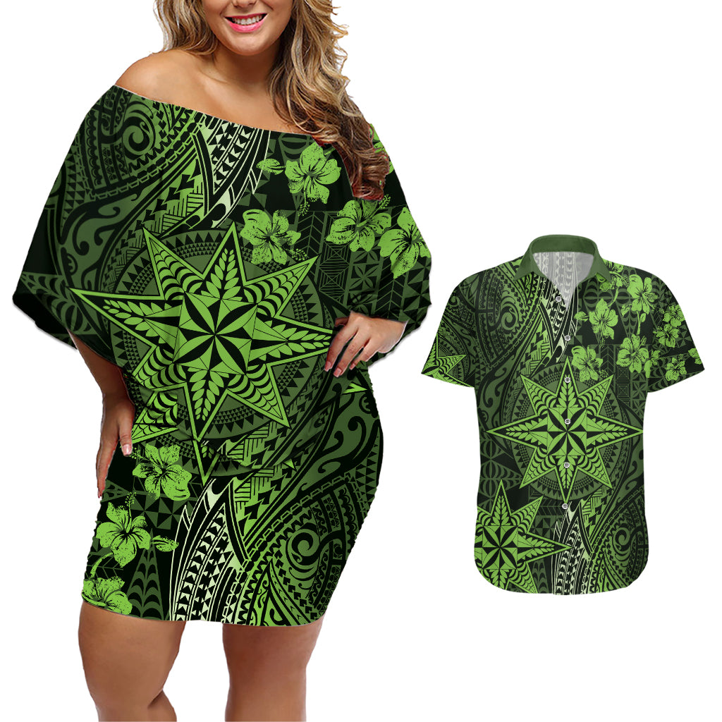 Vintage Tonga Tribal Ngatu Pattern Couples Matching Off Shoulder Short Dress and Hawaiian Shirt With Pacific Floral Lime Green Art LT9 Lime Green - Polynesian Pride