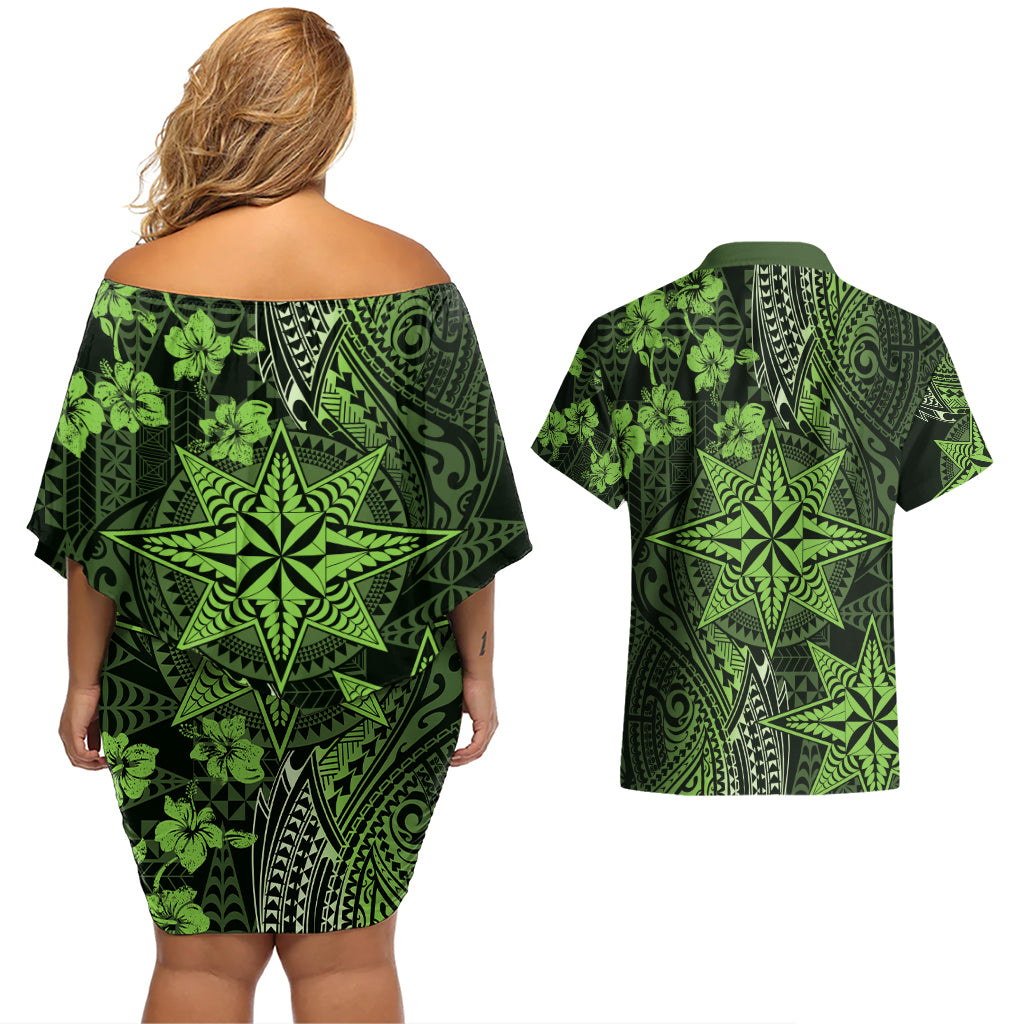 Vintage Tonga Tribal Ngatu Pattern Couples Matching Off Shoulder Short Dress and Hawaiian Shirt With Pacific Floral Lime Green Art LT9 - Polynesian Pride
