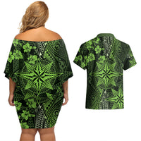 Vintage Tonga Tribal Ngatu Pattern Couples Matching Off Shoulder Short Dress and Hawaiian Shirt With Pacific Floral Lime Green Art LT9 - Polynesian Pride