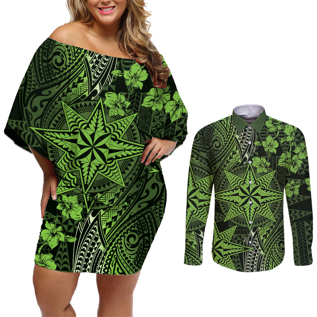Vintage Tonga Tribal Ngatu Pattern Couples Matching Off Shoulder Short Dress and Long Sleeve Button Shirt With Pacific Floral Lime Green Art LT9 Lime Green - Polynesian Pride