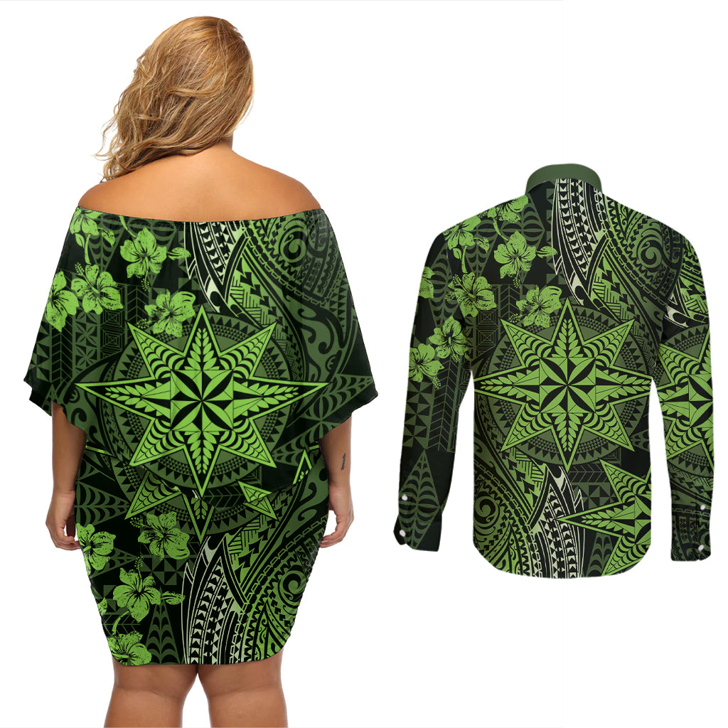 Vintage Tonga Tribal Ngatu Pattern Couples Matching Off Shoulder Short Dress and Long Sleeve Button Shirt With Pacific Floral Lime Green Art LT9 - Polynesian Pride