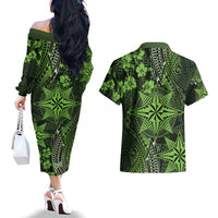 Vintage Tonga Tribal Ngatu Pattern Couples Matching Off The Shoulder Long Sleeve Dress and Hawaiian Shirt With Pacific Floral Lime Green Art LT9 - Polynesian Pride